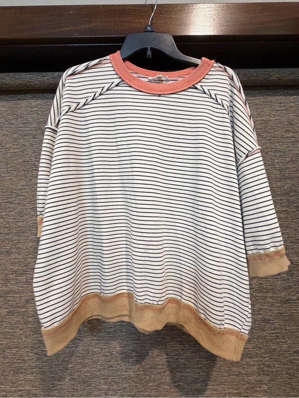 Striped Oversized Crewneck Top with Coral & Beige Trim - Women